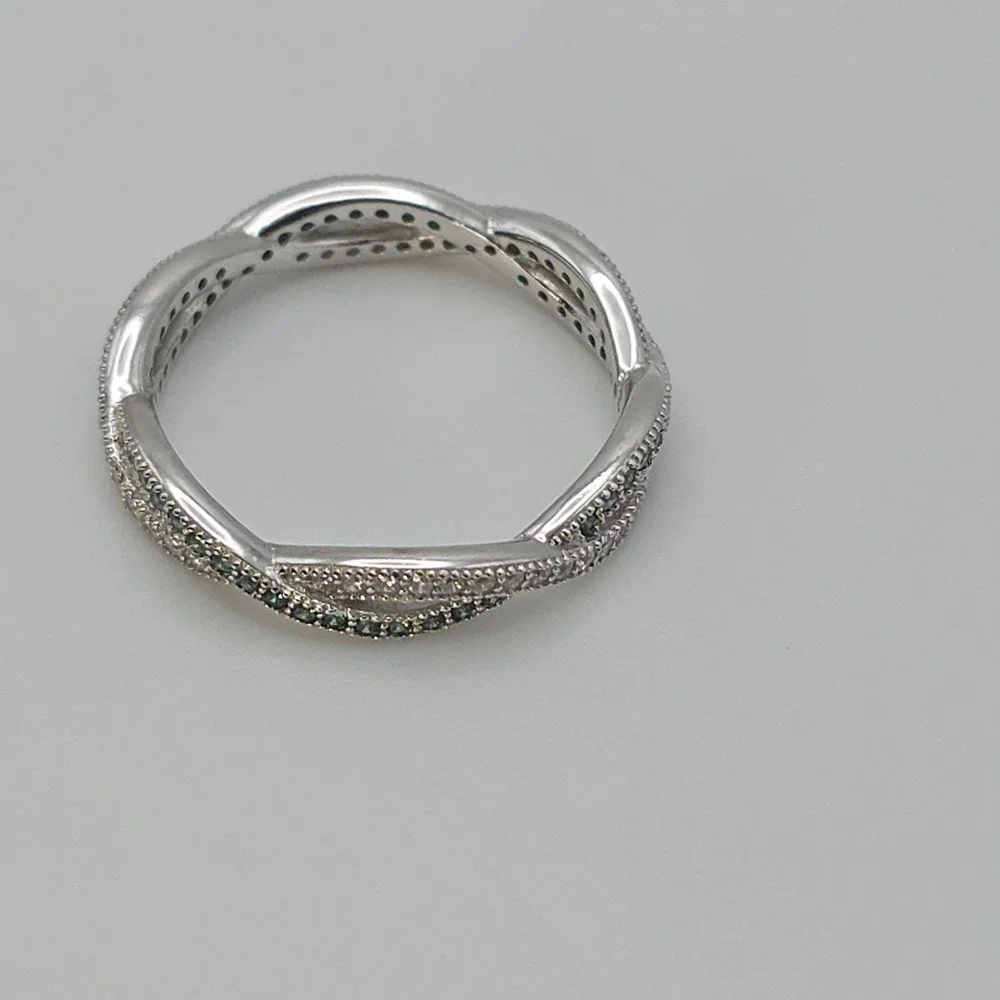 Vtg 925 Sterling‎ Silver Ring Criss-Cross Green Crystal Cubic Zirconia Size 7.25